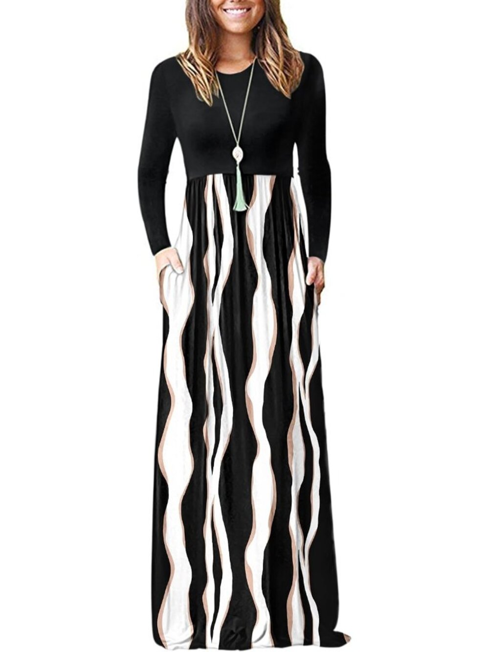 Women's Black Stripes Crew Neck Long Sleeve Pull On Casual Pockets Maxi Dresses